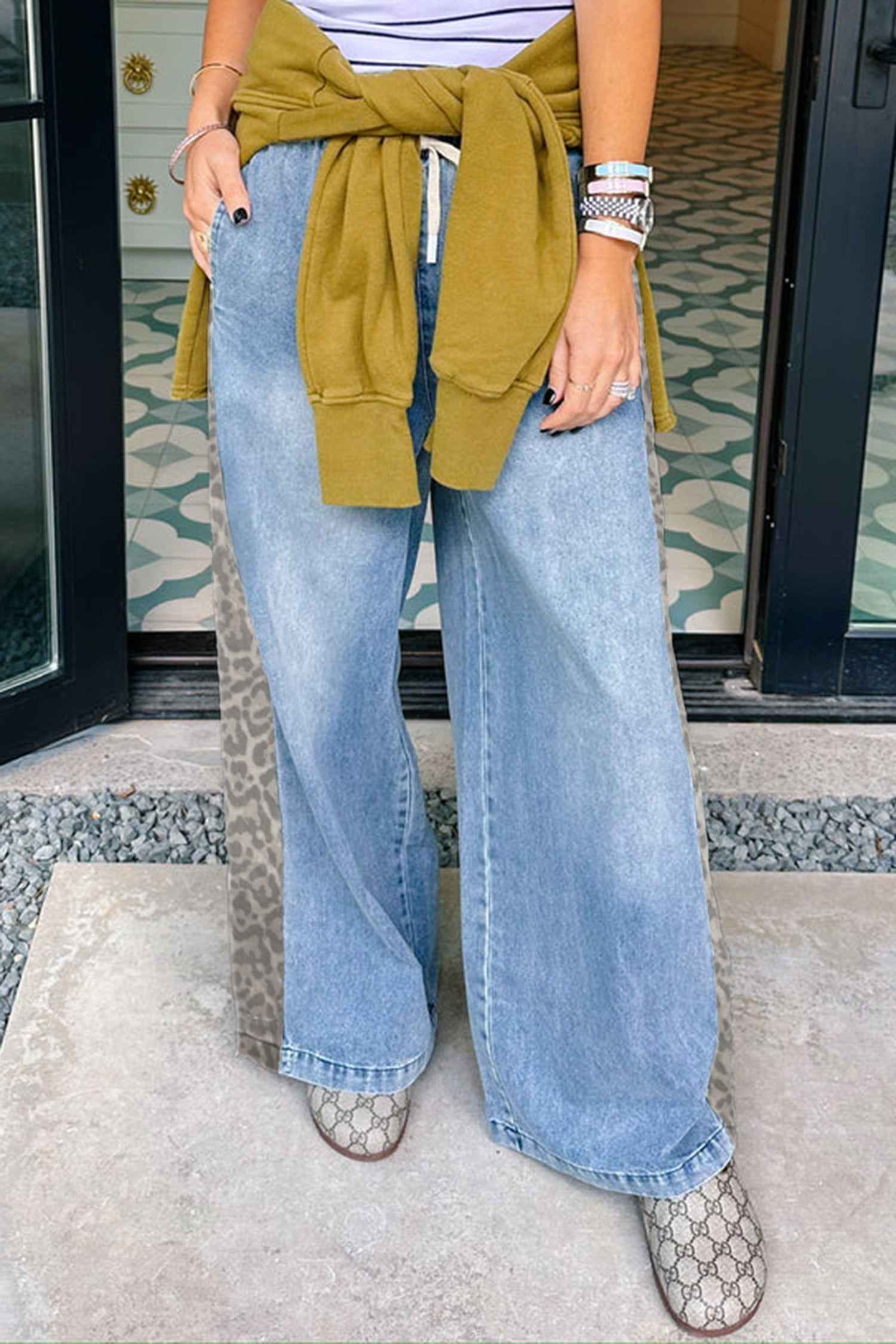Beau Blue Drawstring Elastic Waist Leopard Striped Side Panel Wide Leg Jeans 6cc14d4902c91c08