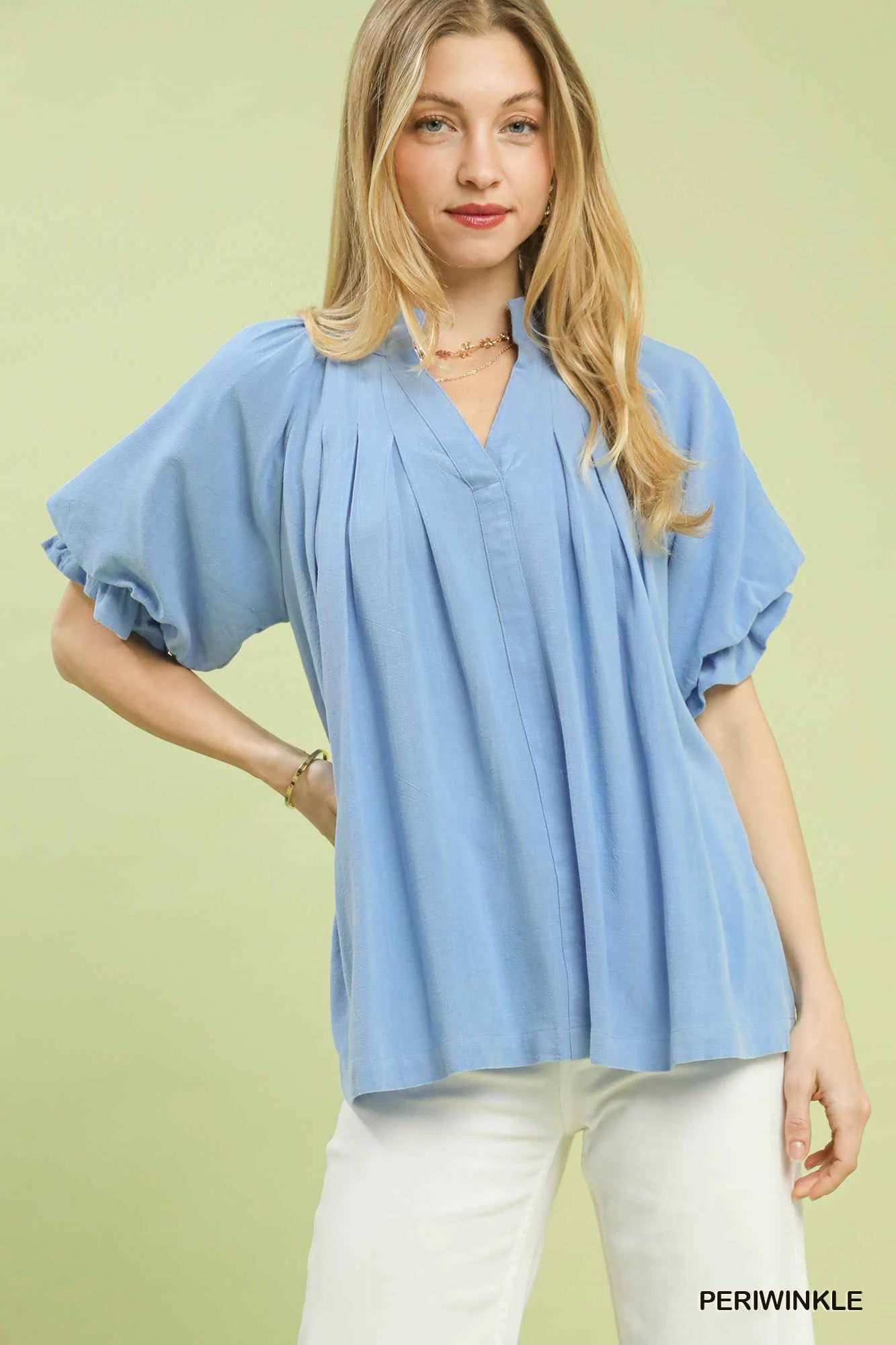 Umgee Linen V-Neck Flutter Sleeve Top PERIWINKLE 6cccc2f2-c3f7-4807-8cf6-96c6d50a7bf1-Max