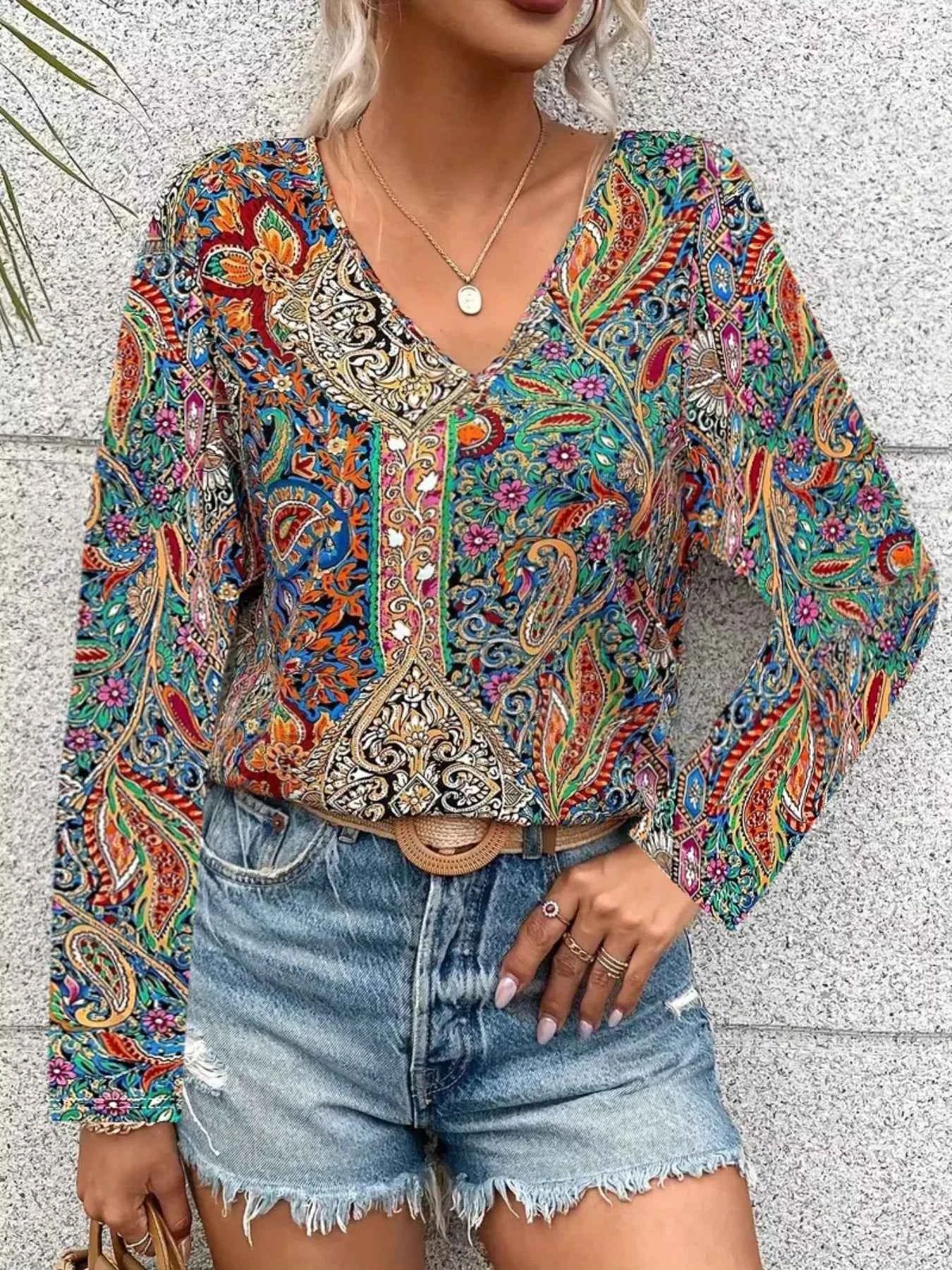 Printed V-Neck Long Sleeve Blouse Multicolor 6ccd22f7-f056-48e0-8fc1-7cc004a0850e-Max-Origin