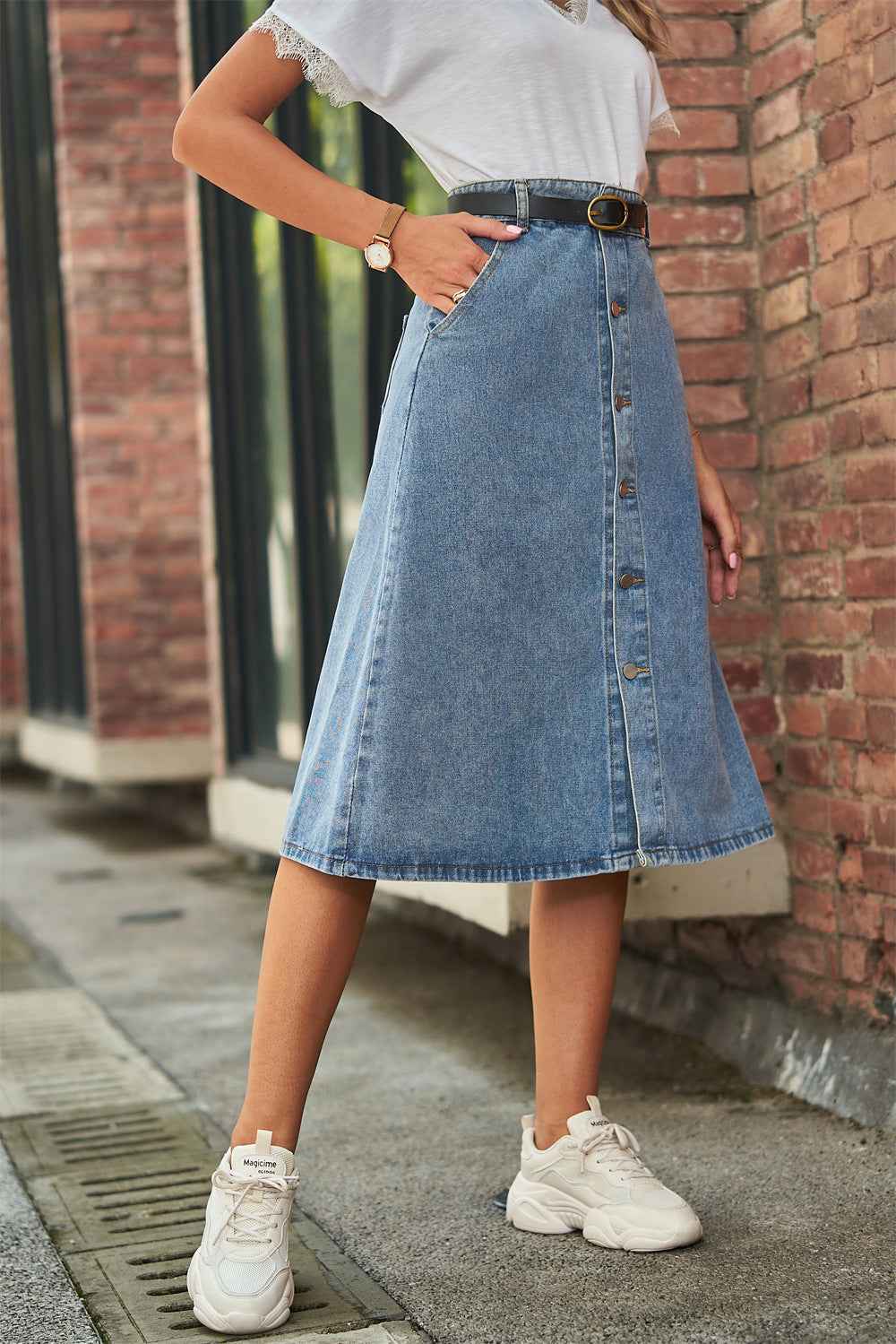 Button Front A-Line Denim Skirt 6ccec65705a24c71b9db077245e43052-Max