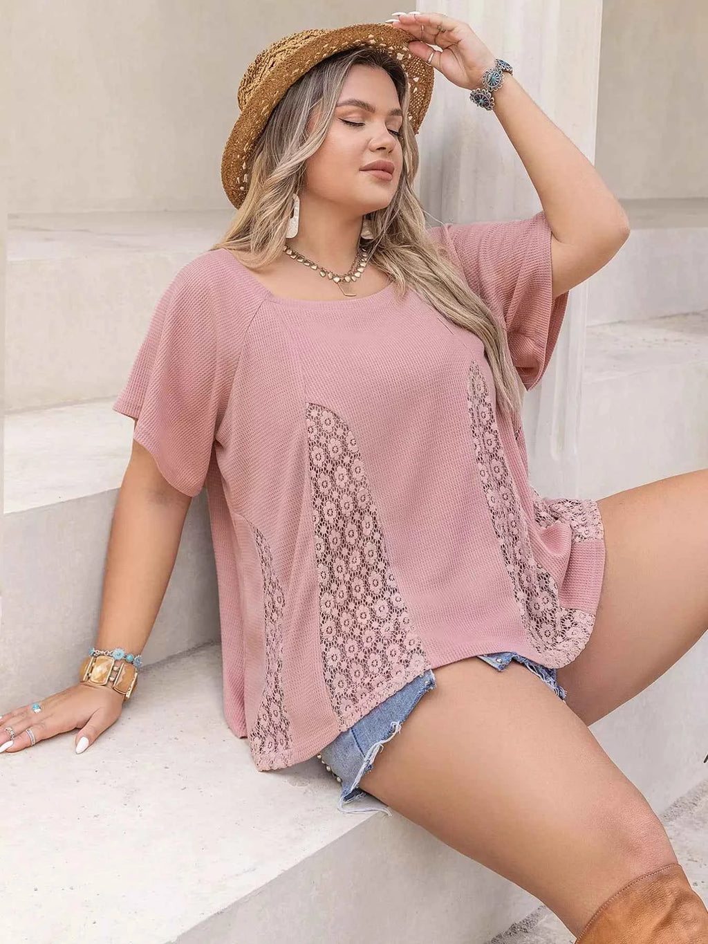 Plus Size Lace Detail Round Neck Short Sleeve T-Shirt 6cd43621-3b1e-4c4e-ae8e-e2af58585511-Max-Origin