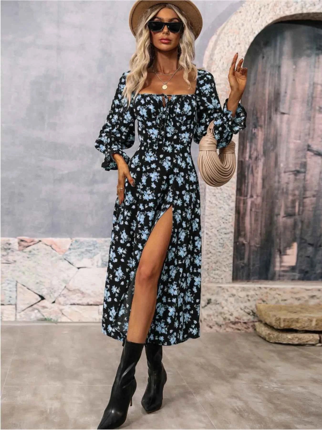 Floral Print Square Neck Flounce Sleeve Dress with Side Slit 6cd62be0023446b8ae544a9768921f80-Max-Origin