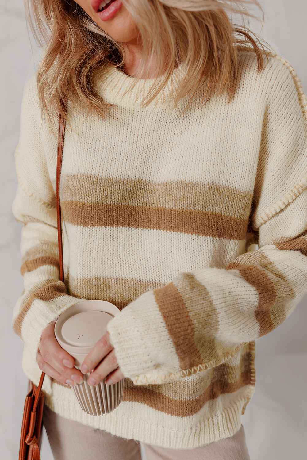 Khaki Stripe Exposed Seam Drop Shoulder Knit Baggy Sweater 6cddffd65599aa35
