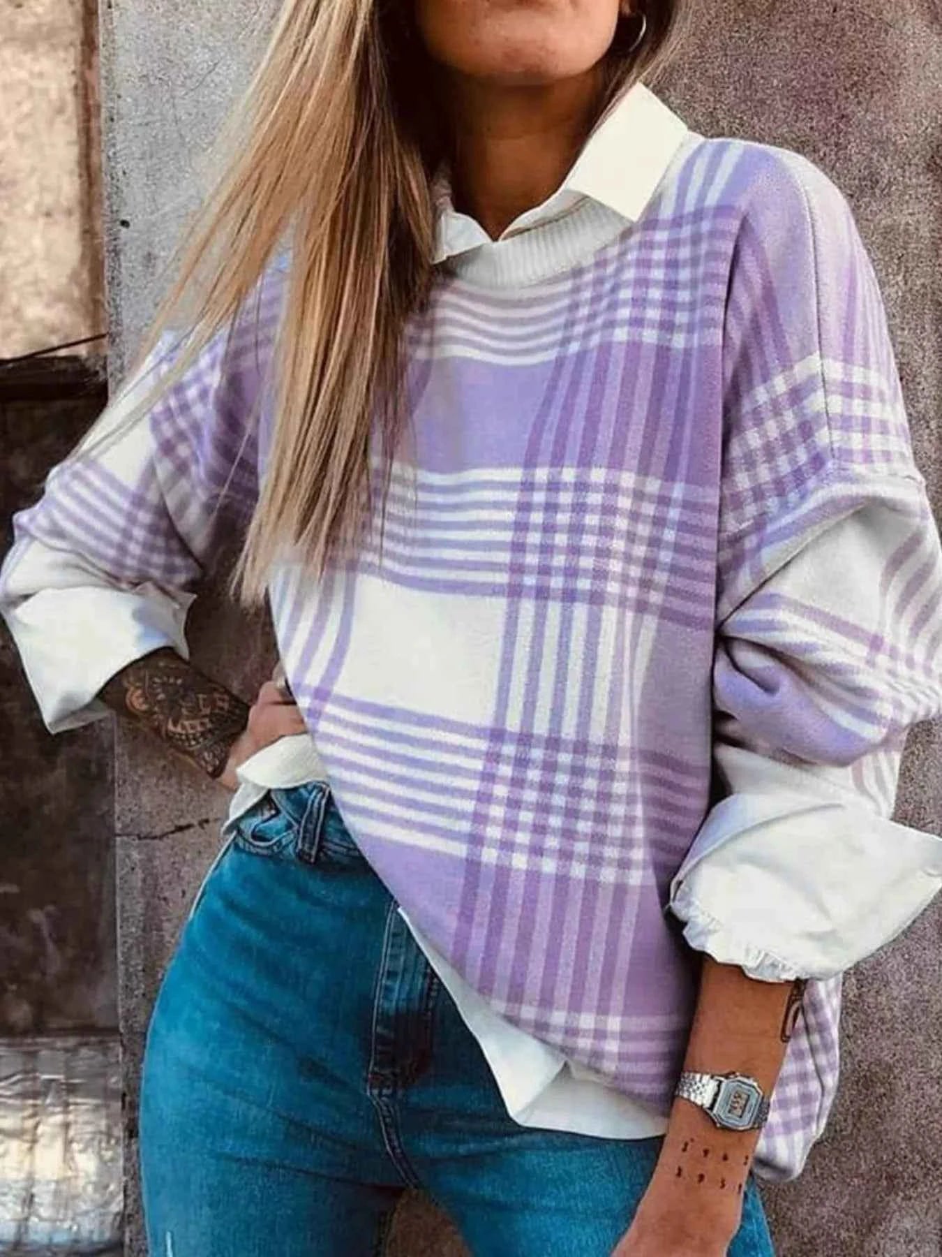 Plaid Round Neck Long Sleeve Sweater Lilac 6cdea518-776a-48cf-b25b-e2363ff85144-Max-Origin