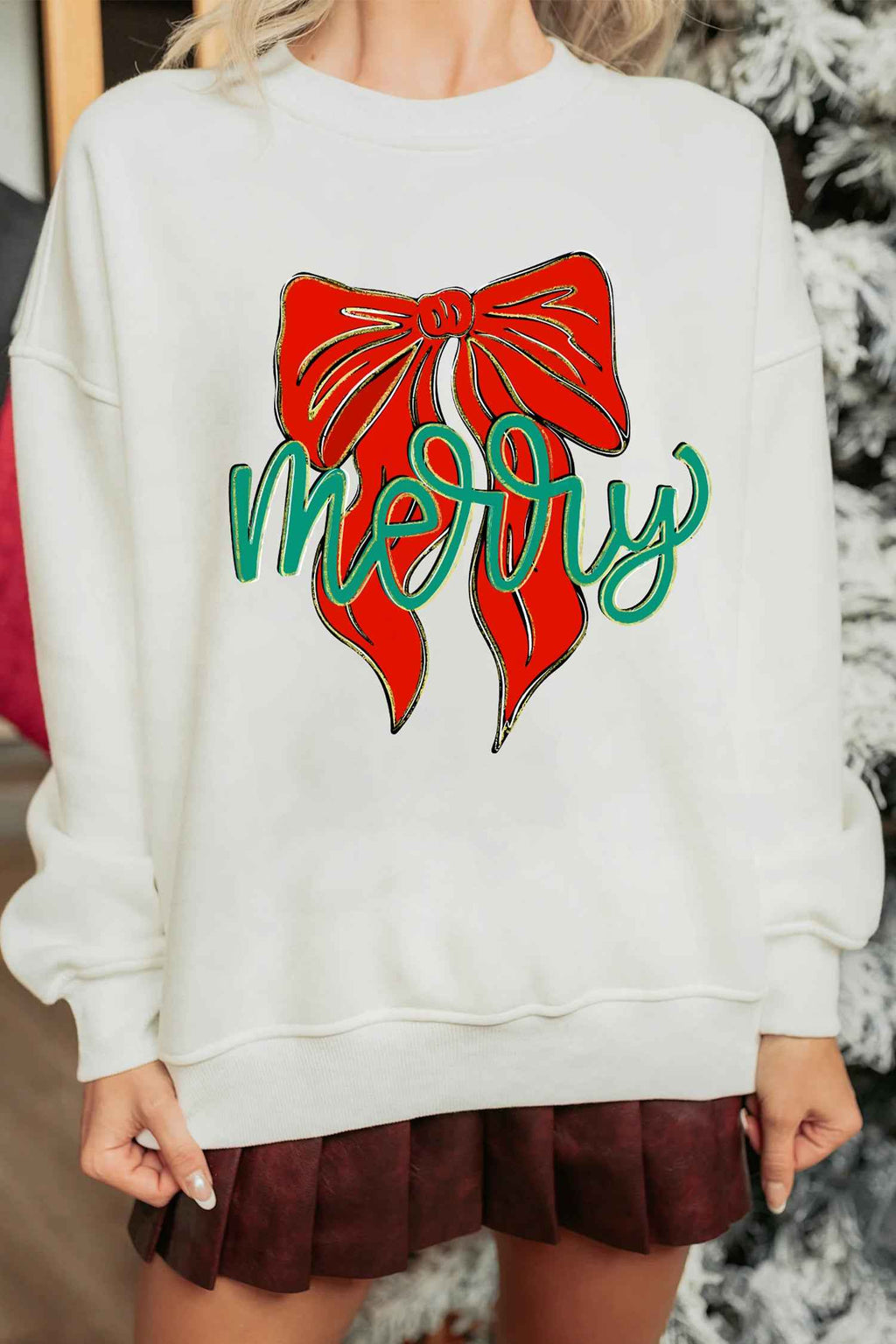 White merry Festive Bow Print Drop Shoulder Loose Pullover Sweatshirt 6ce17c28cfb87c1c