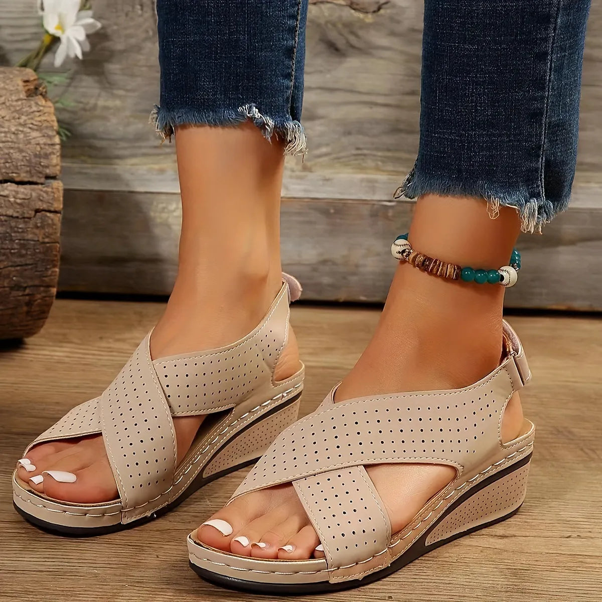 Criss-Cross Comfort Wedge Sandals Beige White 6ce25b2e8a694f38be6893485d634c77-Max-Origin