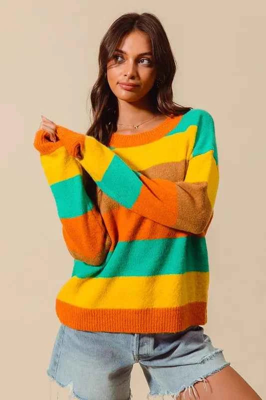 Multi Color Stripe Sweater with Ribbed Detail 6ce954e8299c4169becfe00741b09eca-Max-Origin