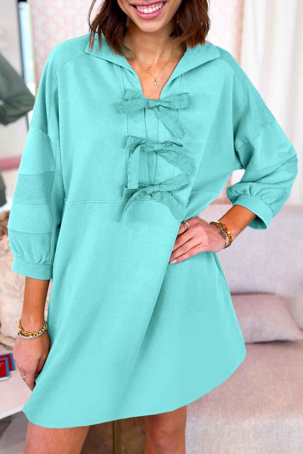 Moonlight Jade Bow Front Patchwork Bracelet Sleeve Mini Dress Moonlight Jade 65%Polyester+35%Cotton 6cea291048119b22