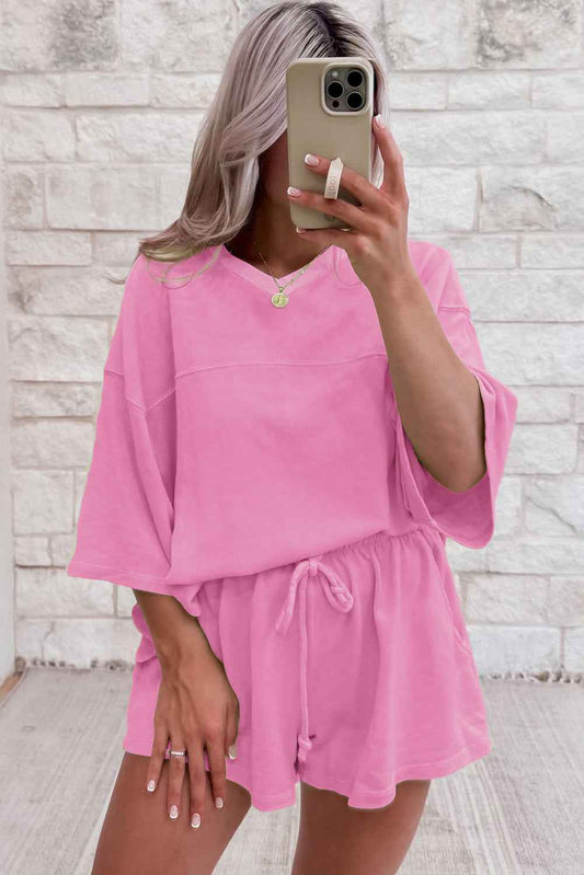Bonbon Loose V Neck Tee and Drawstring Shorts Set 6cf9312d6f2e8f95