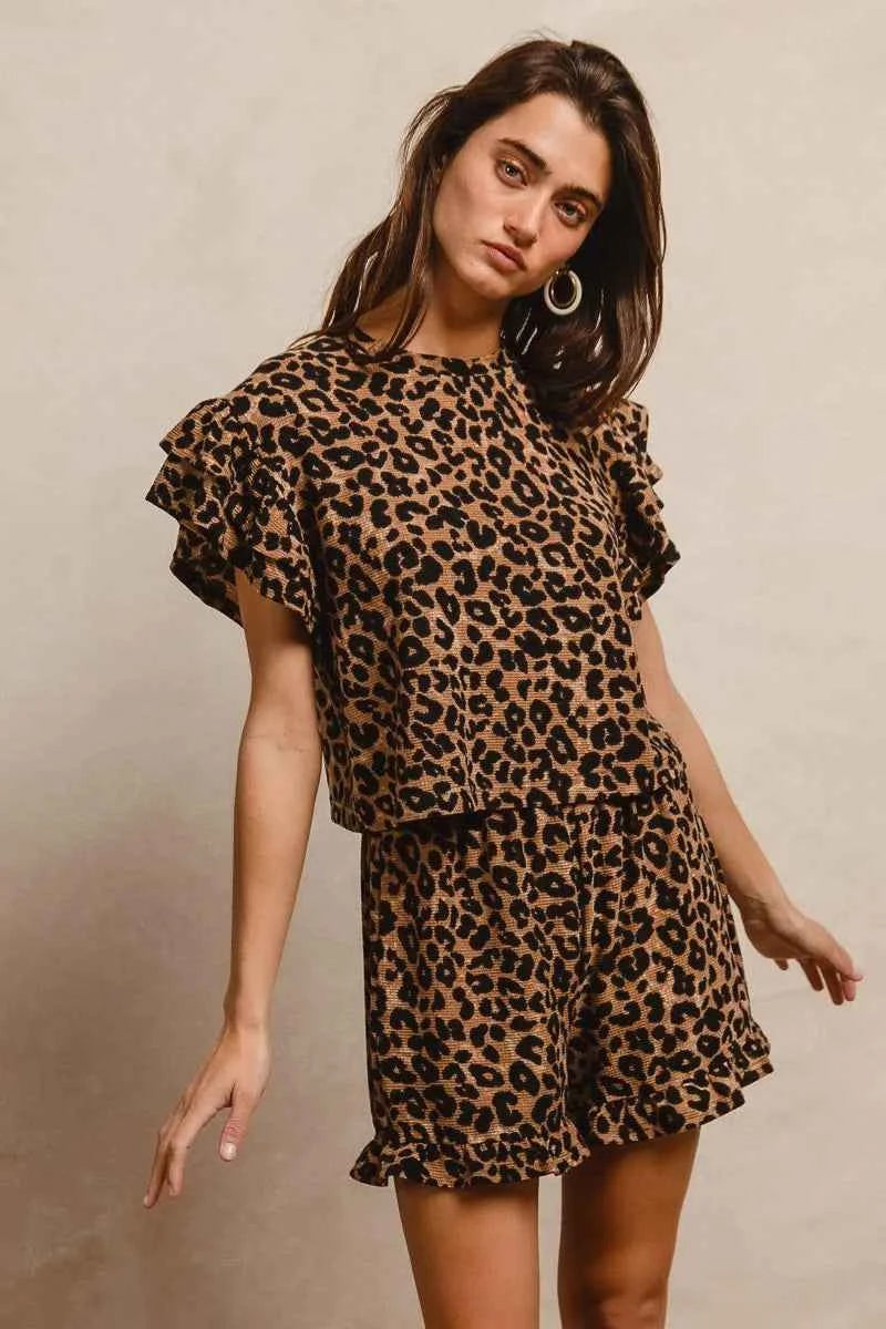 BiBi Leopard Print Waffle Texture Layered Ruffle Sleeve Top and Shorts Set TAUPE BLACK 6d00eb8fd5a44dd4937faa3c00ab51f1-Max-Origin