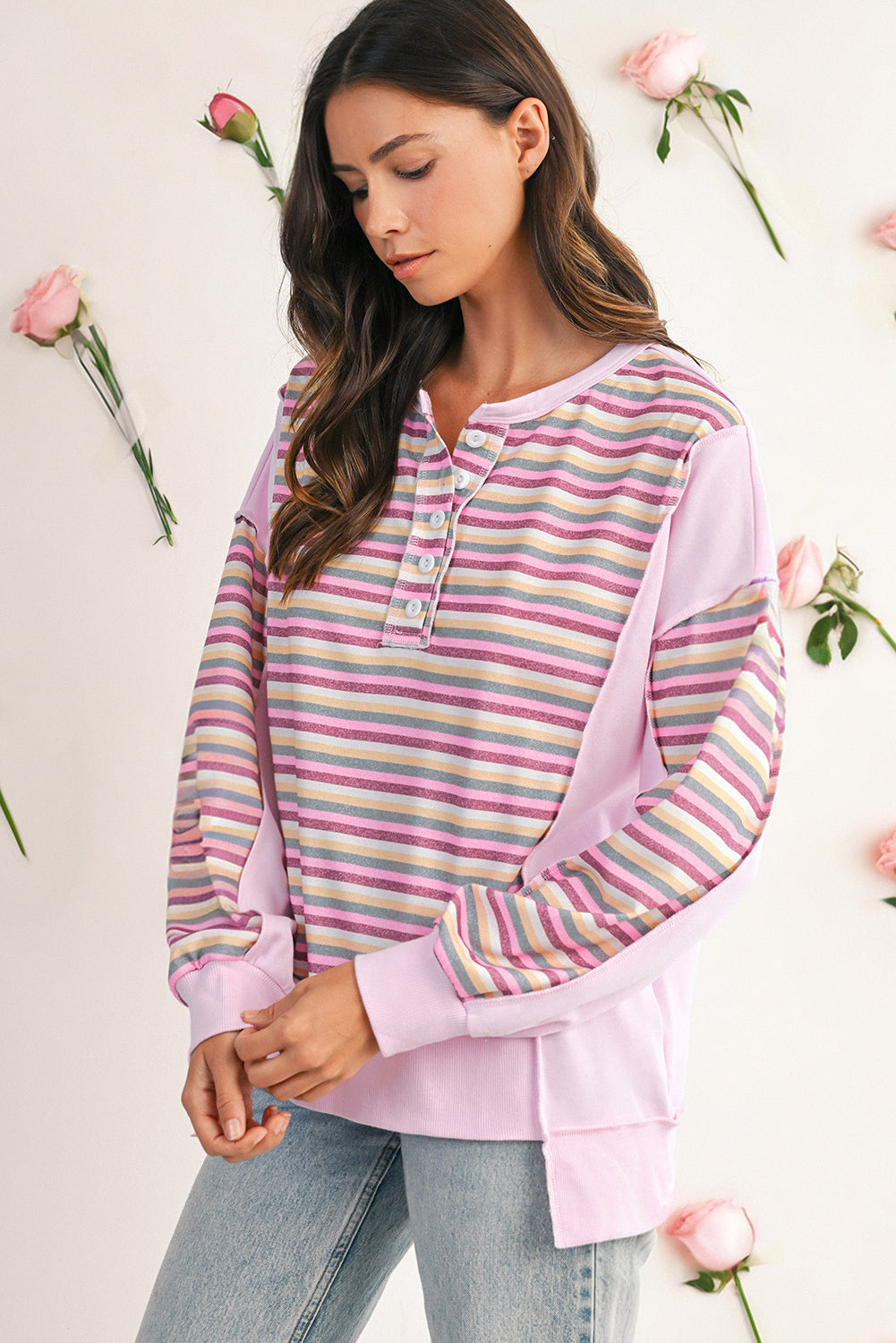Pink Striped Patchwork Button V Neck Pullover Sweatshirt 6d0165502848fc26