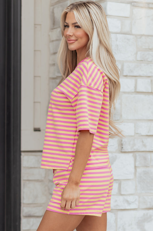 Rose Stripe Drop Shoulder Boxy Casual Terry Short Set 6d01d1adc3012f21