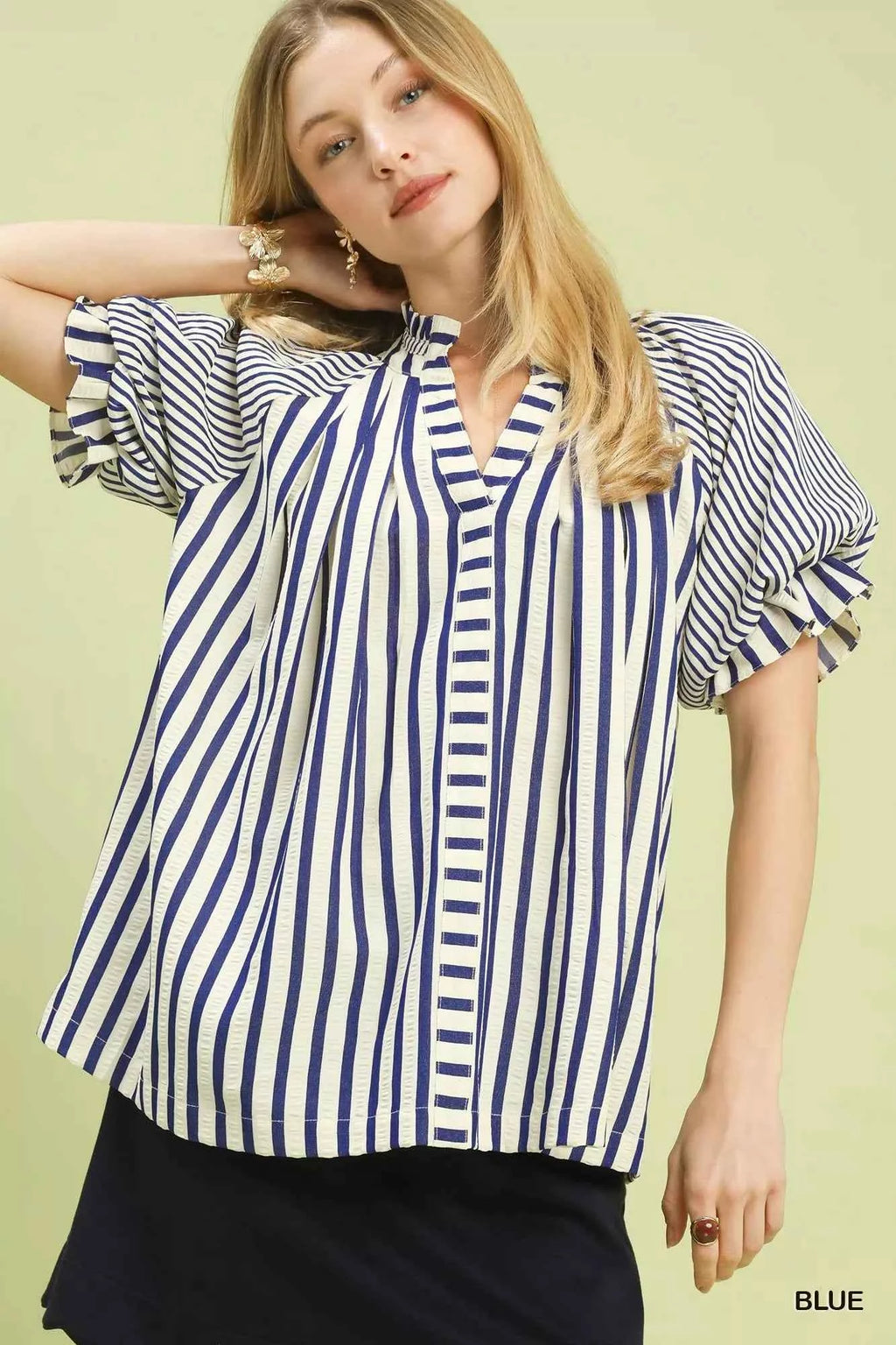 Umgee Striped Notched Top with Short Flutter Sleeves 6d0265bb-3a23-43fc-951c-73d27f192430-Max-Origin