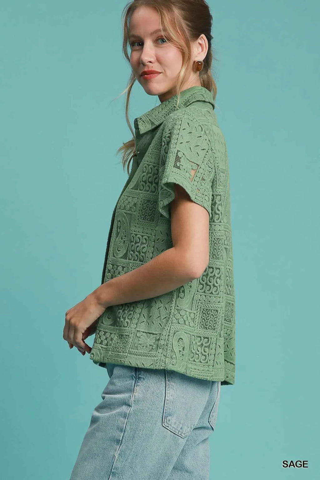 Umgee Patch Lace Short Sleeve Button Down Shirt 6d040d53-7b7d-4b82-896f-c20d89da9c44-Max-Origin