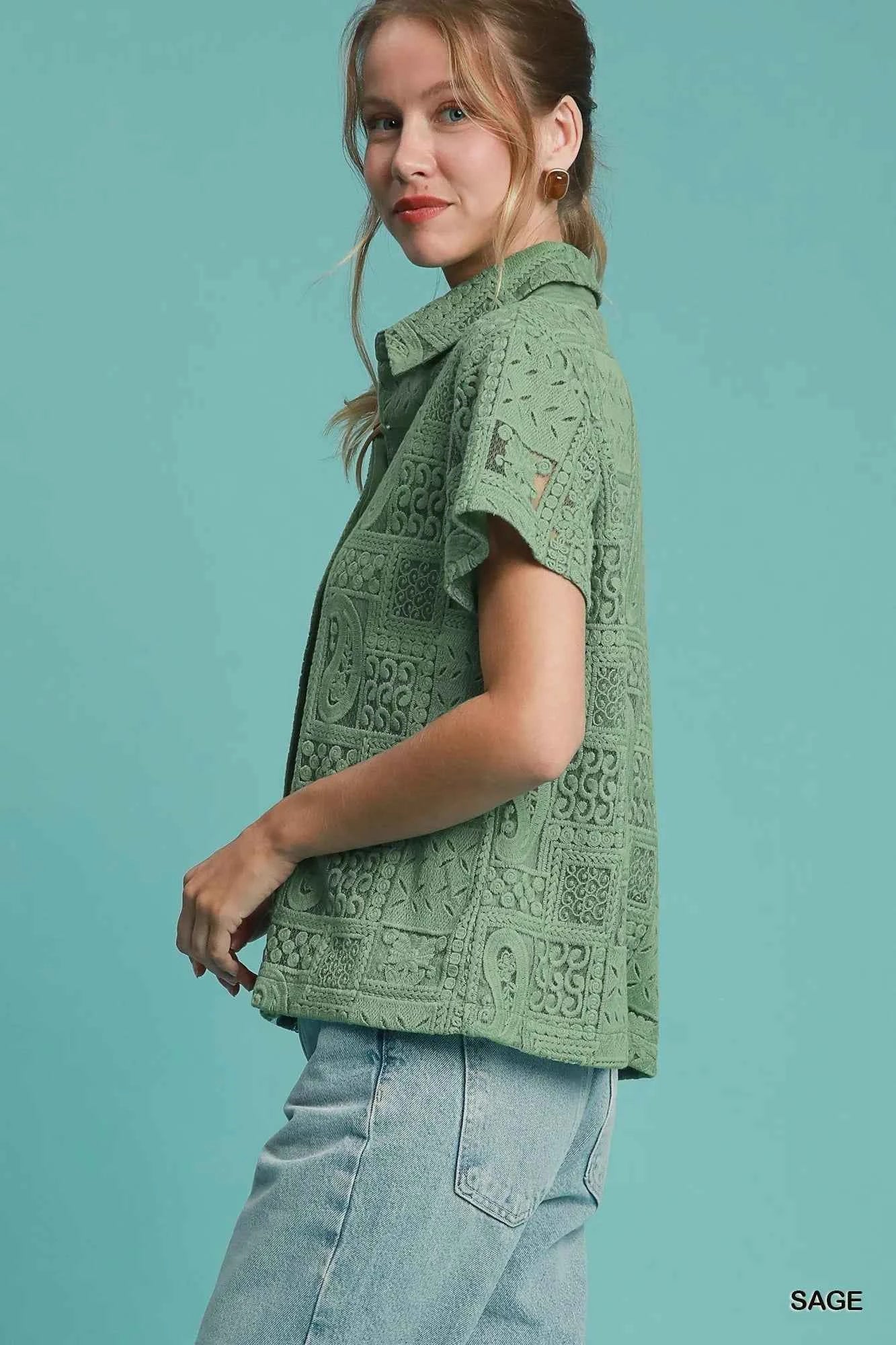 Umgee Patch Lace Short Sleeve Button Down Shirt 6d040d53-7b7d-4b82-896f-c20d89da9c44-Max-Origin