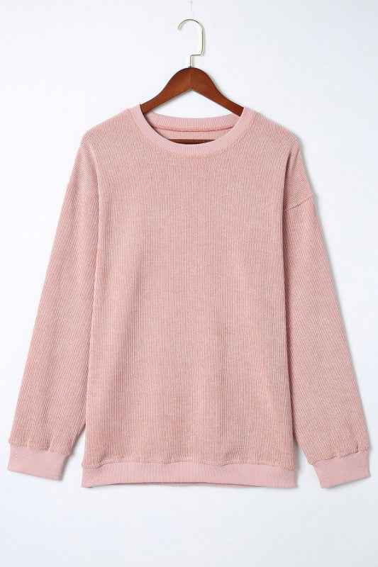 Solid Ribbed Knit Round Neck Pullover Sweatshirt 6d047c0a-ecdb-45be-ab9d-4953708912fc