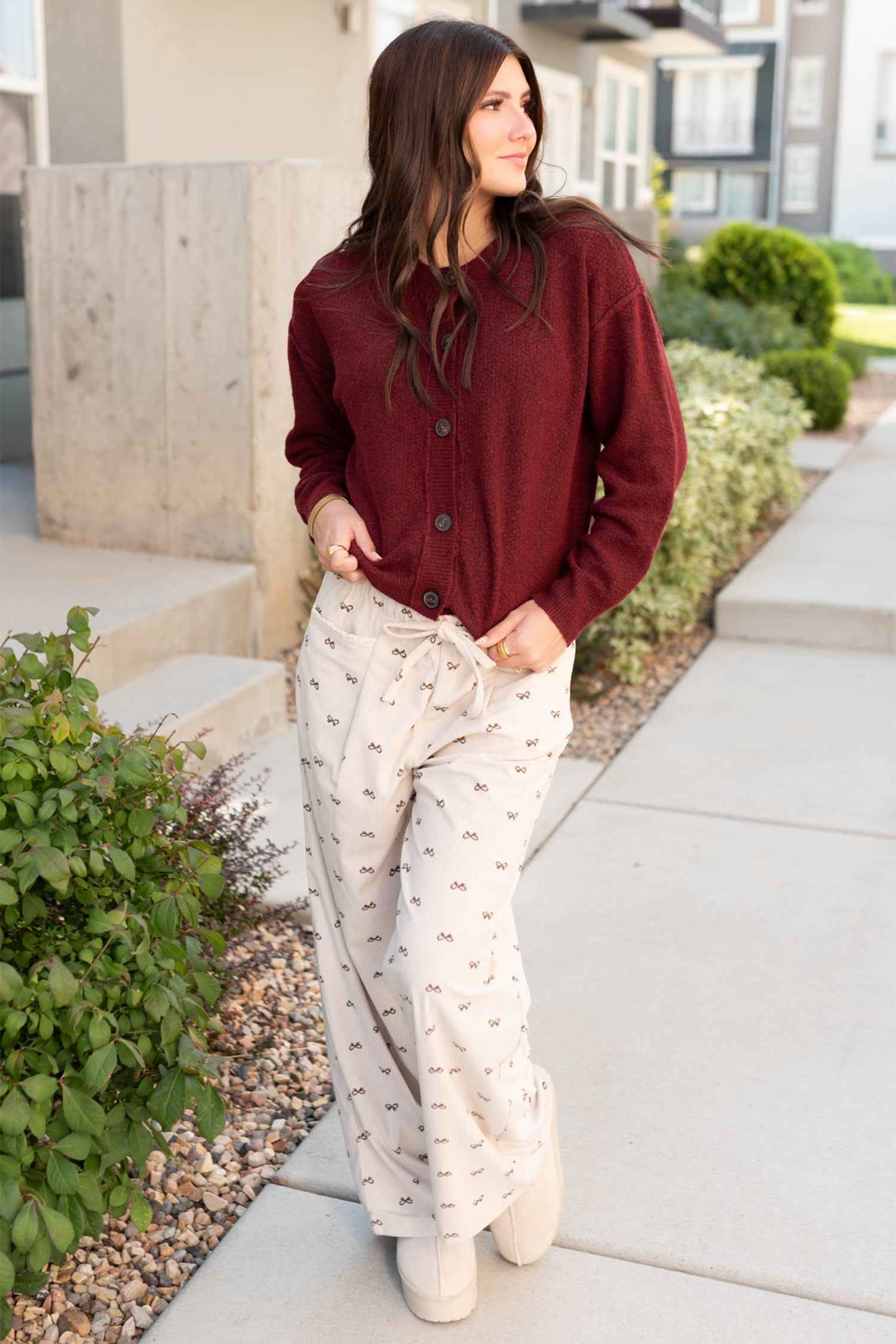 Apricot Bow Print Drawstring Elastic Waist Loose Corduroy Pants 6d0871d4520fbce2
