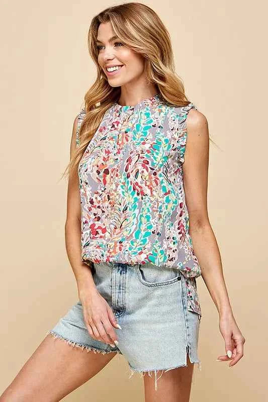 Lime 'N' Chili Full Size Graphic Print Ruffle Trim Mock Neck Sleeveless Top Plus Size 6d0e7480-57e0-4b04-b2b9-54eae1bd2c57-Max-Origin