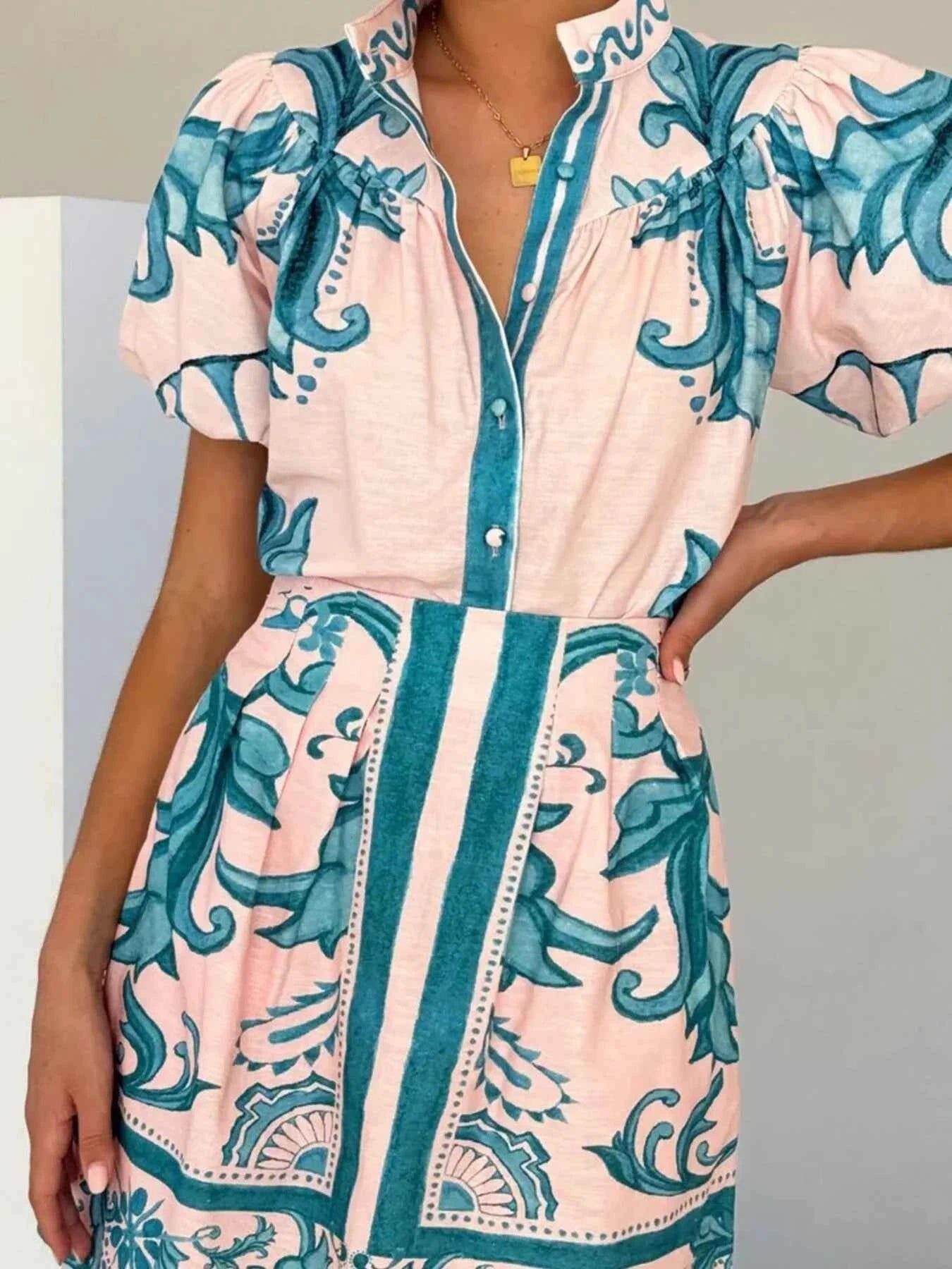 Printed Puff Sleeve Top and Skirt Set Green 6d10b639-b099-43f5-961d-1af6a2205e1d-Max-Origin
