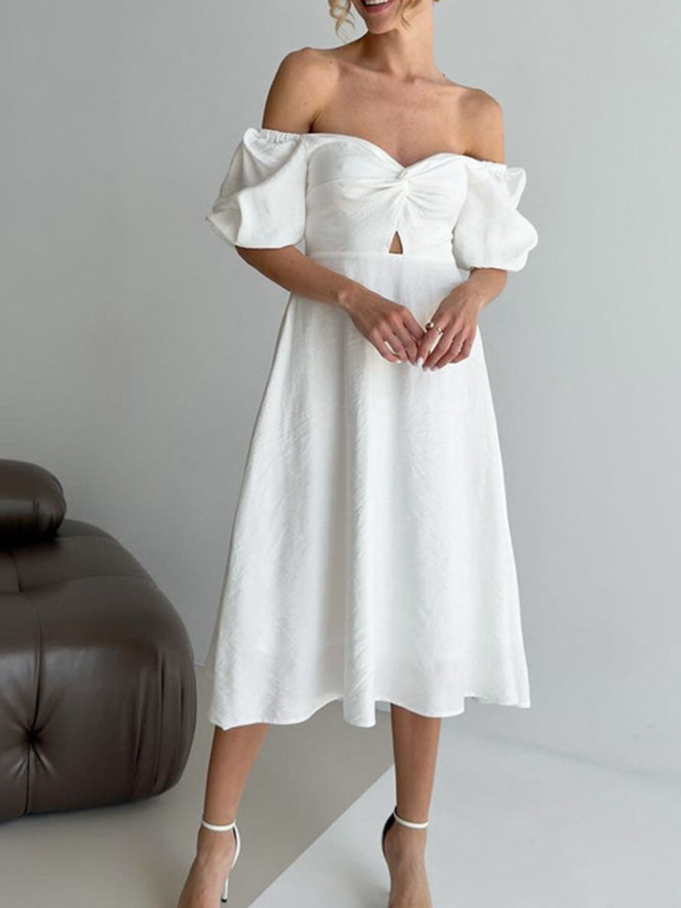 Twisted Front Puff Sleeve Midi Dress White 6d182732-779f-4562-bbb9-d584d213f671-Max