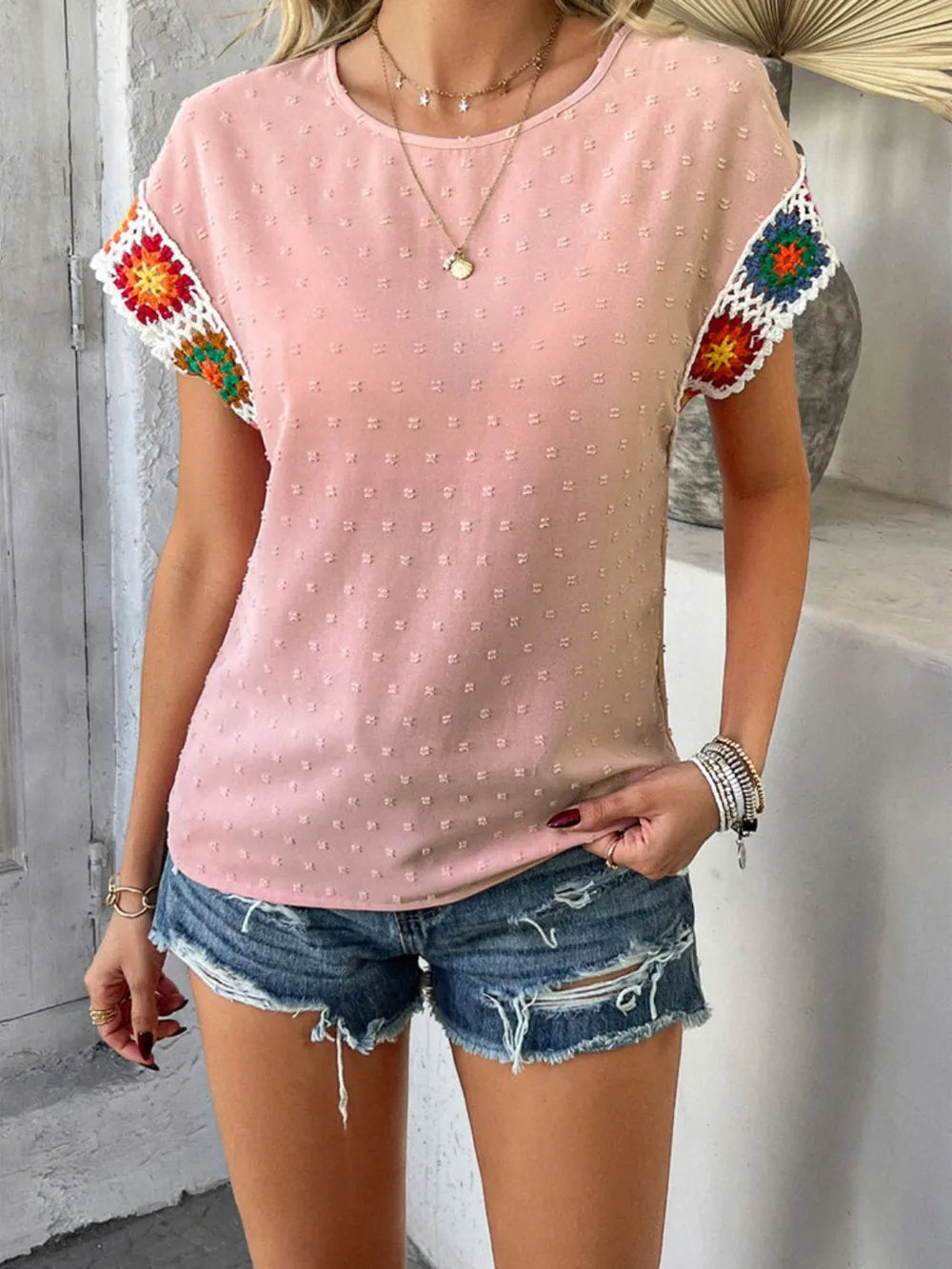 Devine Swiss Dot Round Neck Crochet Short Sleeve Top 6d189832-ecfd-42f3-b5e8-b1506d3e46f6-Max