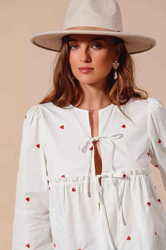 Front Tie Heart Embroidered Blouse With Puff Sleeve 6d1d160294ef41c888a0dd8d4ffcadd5-Max-Origin