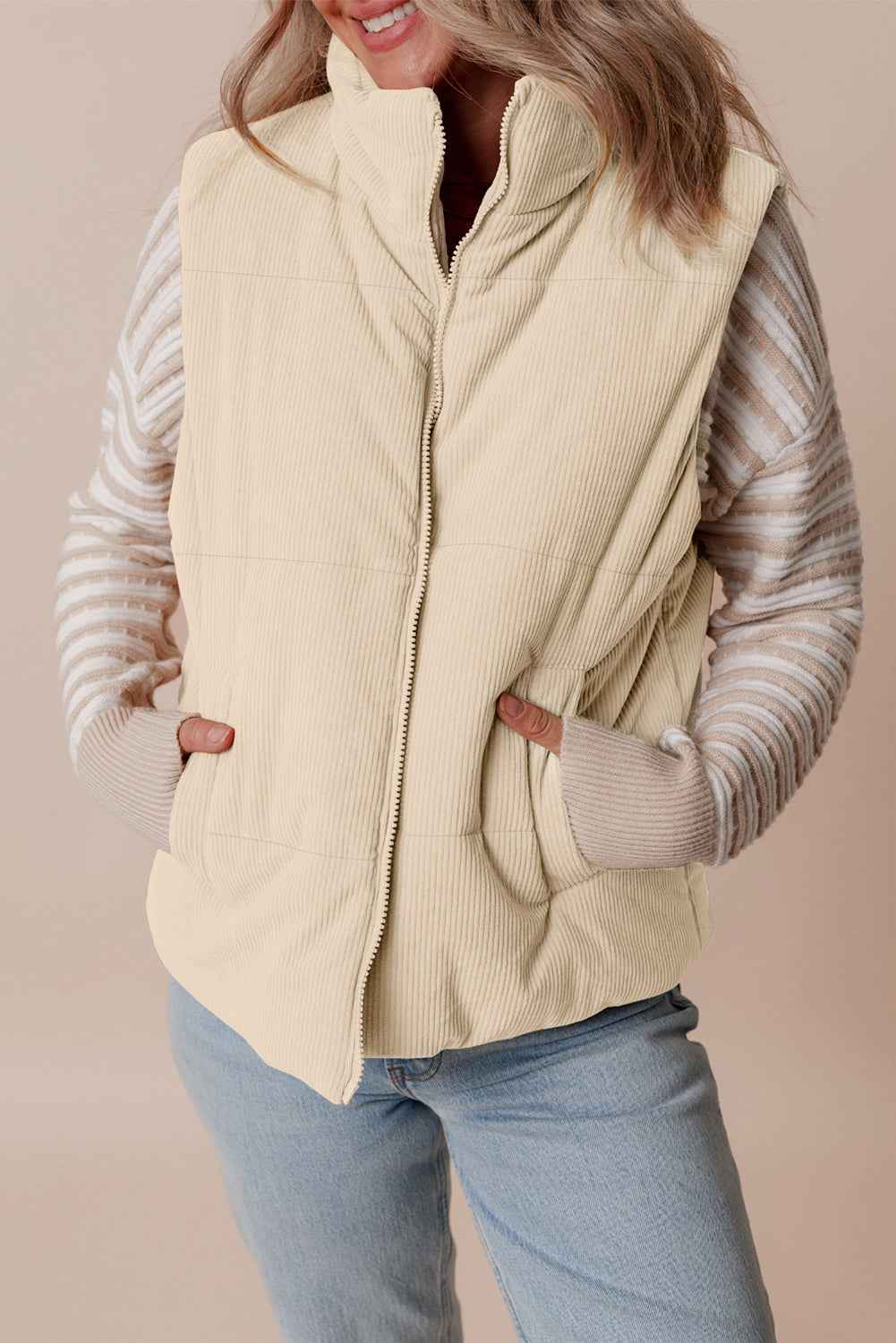 Coffee Solid Color Corduroy Puffer Vest Coat 6d245e72b6554f43