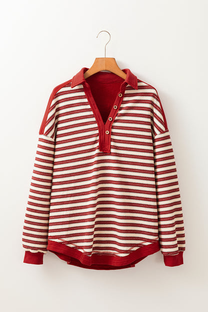 Stripe Johnny Collar Drop Shoulder Sweatshirt