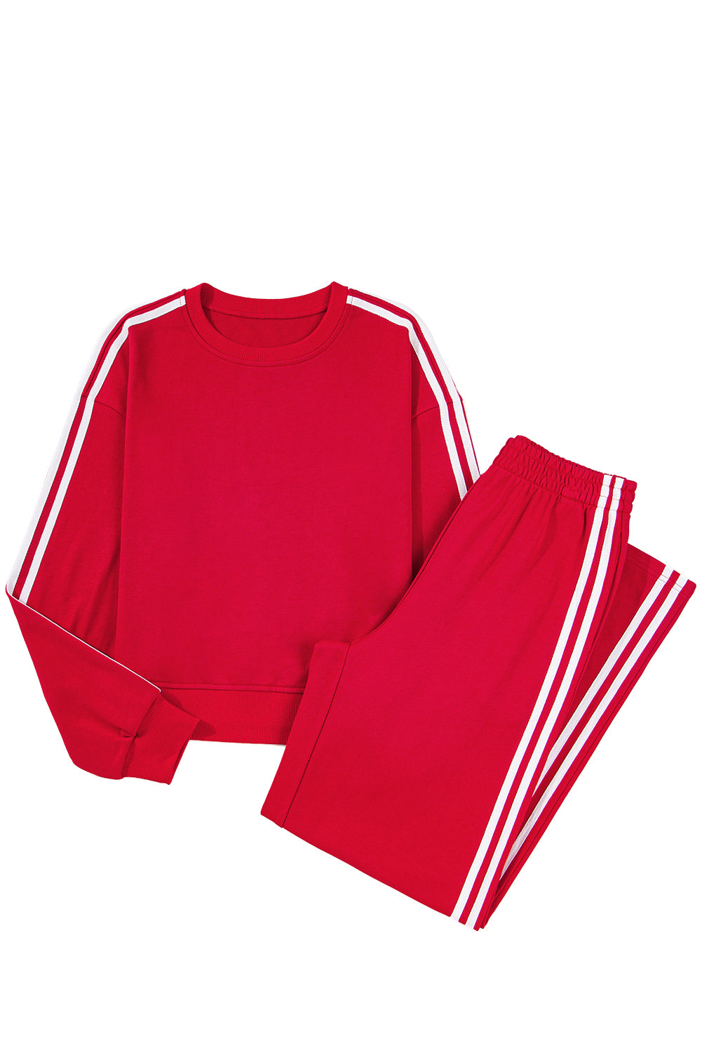 Dirty Blue Varsity Striped Detail Cropped Pullover Wide Leg Pants 2pcs Outfit Fiery Red 65%Polyester+35%Cotton 6d2d3739503630aa