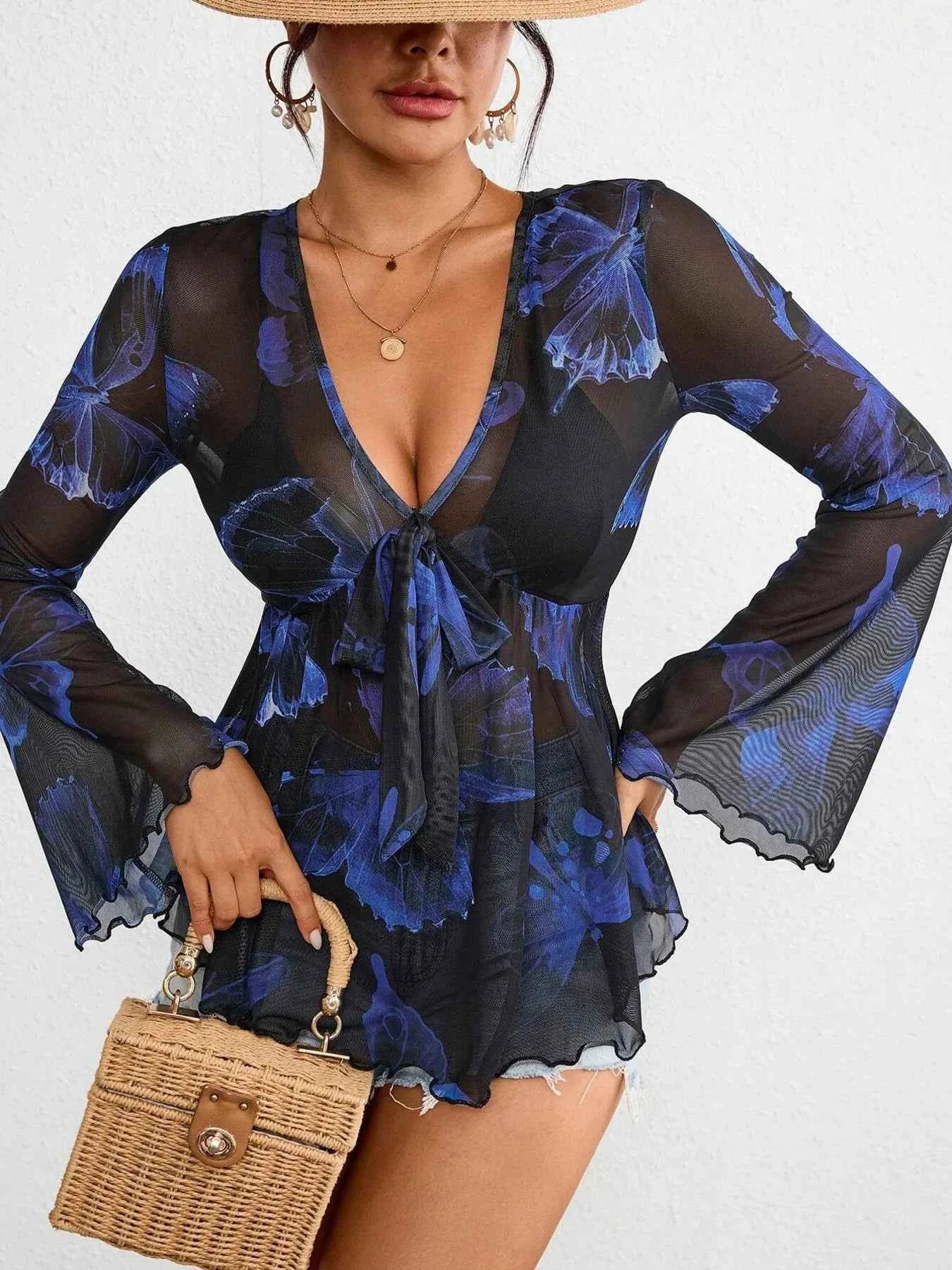 Tie-Front Flare Sleeve Blouse 6d2e9d2ea5474af680dbb1d3009ce0f8-Max-Origin