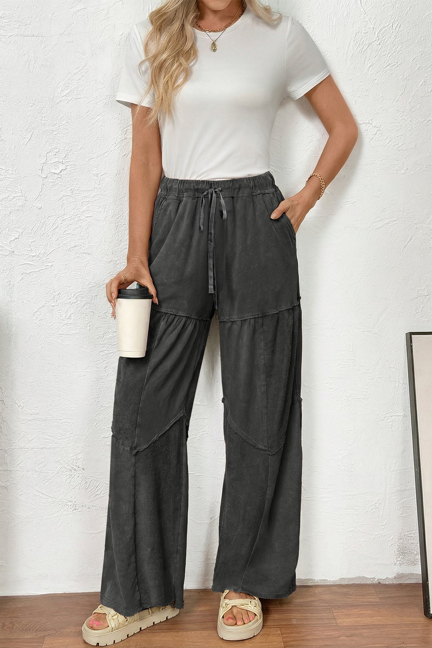 Black Mineral Wash Tiered Wide Leg Patchwork Drawstring Pants 6d2fc302bc50833f