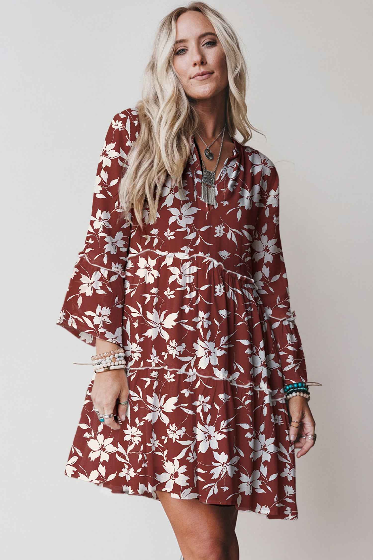 Sky Blue Boho Floral Print Lettuce Trim 3/4 Sleeve Mini Dress 6d3058da47a949e2