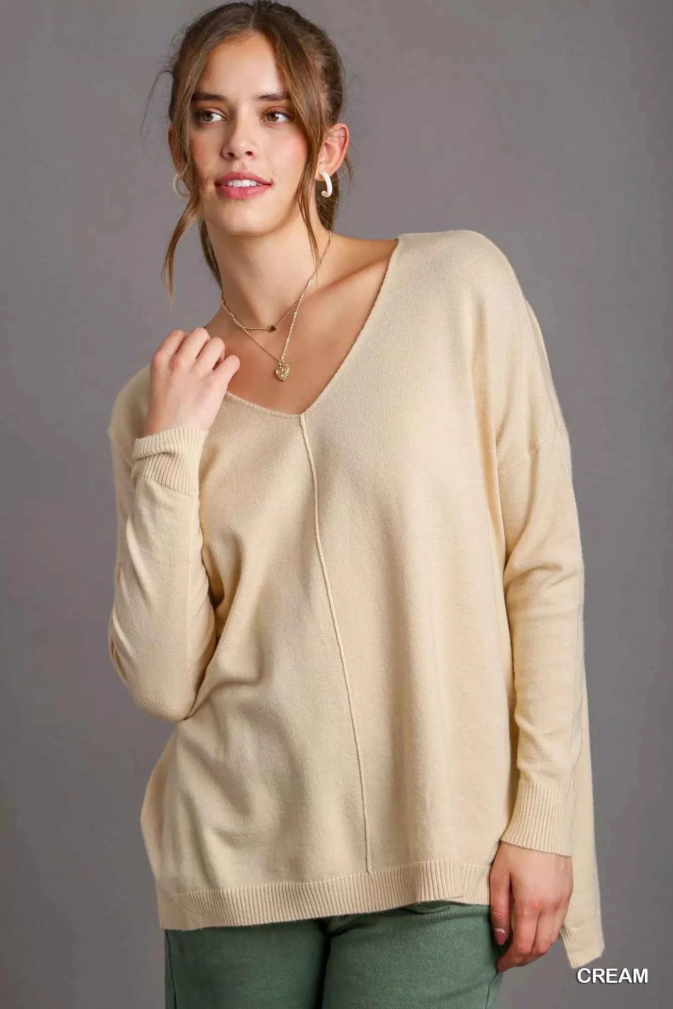 Umgee V-Neck High Low Hem Knit Top with Side Slit Cream 6d34a522-2ce5-473d-bf08-666cf3ada873-Max-Origin
