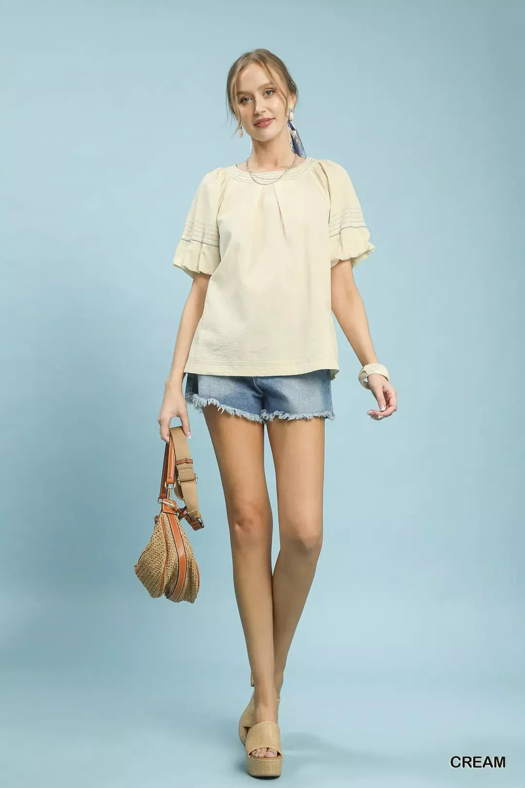 Umgee Round Neck Puff Sleeve Top with Contrast Stitch Detail 6d3507e1-b1ef-4d5b-8288-b98daf3d5427-Max-Origin
