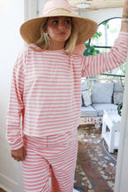 Rose Stripe Drop Shoulder Round Neck Top and Buttoned Straight Pants Two Piece Set 6d39fd2993b1df44