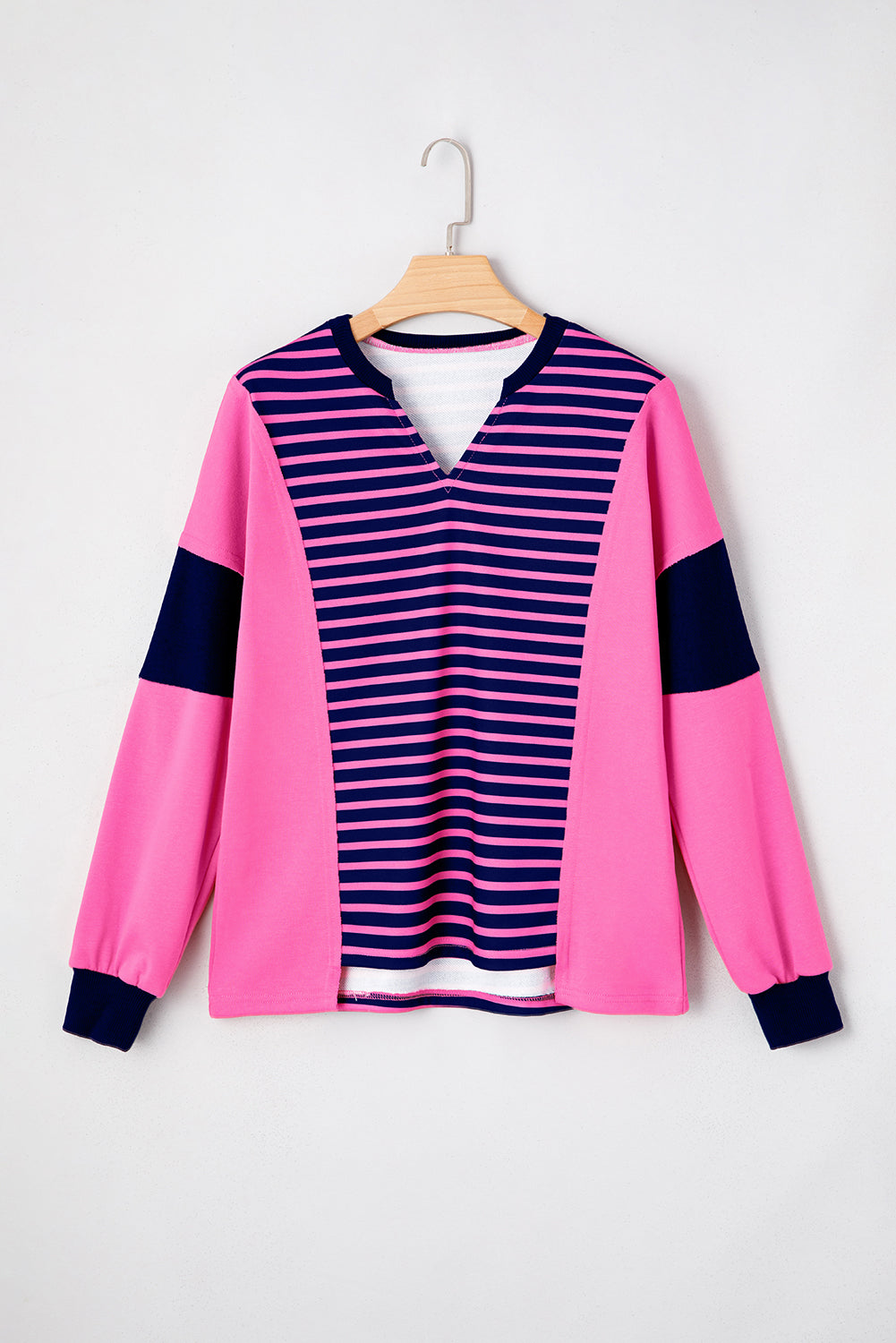 Pink Stripe Color Block V Neck Loose Fit Long Sleeve Top 6d410b0ef3cba642
