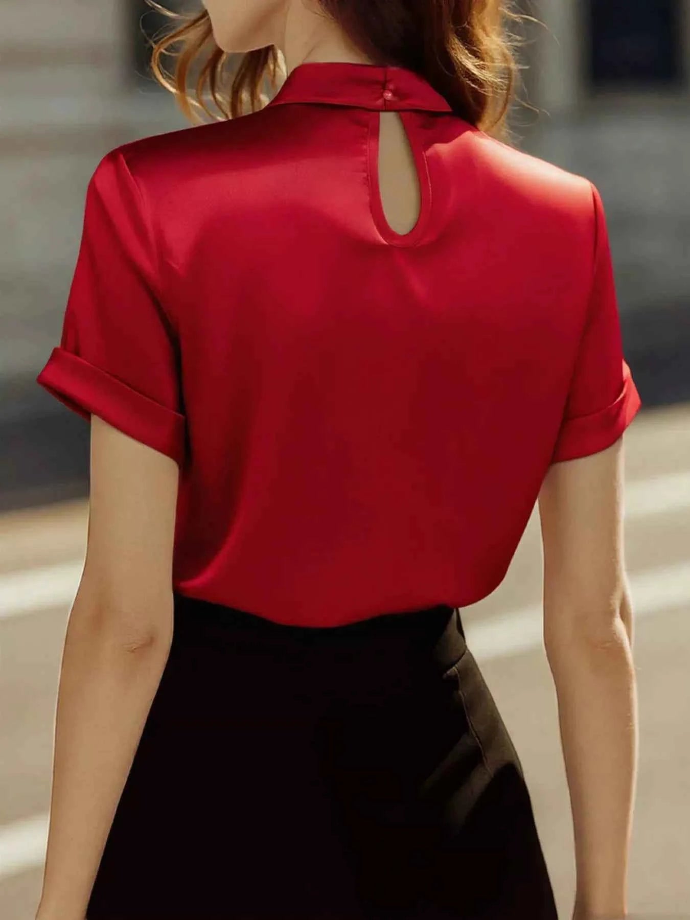 Keyhole Neck Satin Short Sleeve Blouse 6d45f09b520c4fe58cc0d90754be69fc-Max-Origin