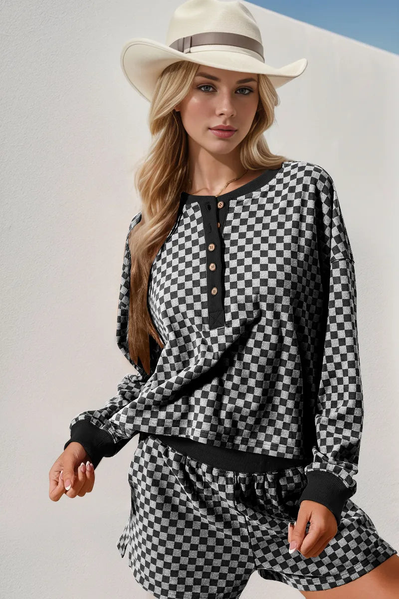 Double Take Checkered Half Button Top and Shorts Set White 6d46ff18-7f3f-4ec9-81c6-08277cf101f9-Max