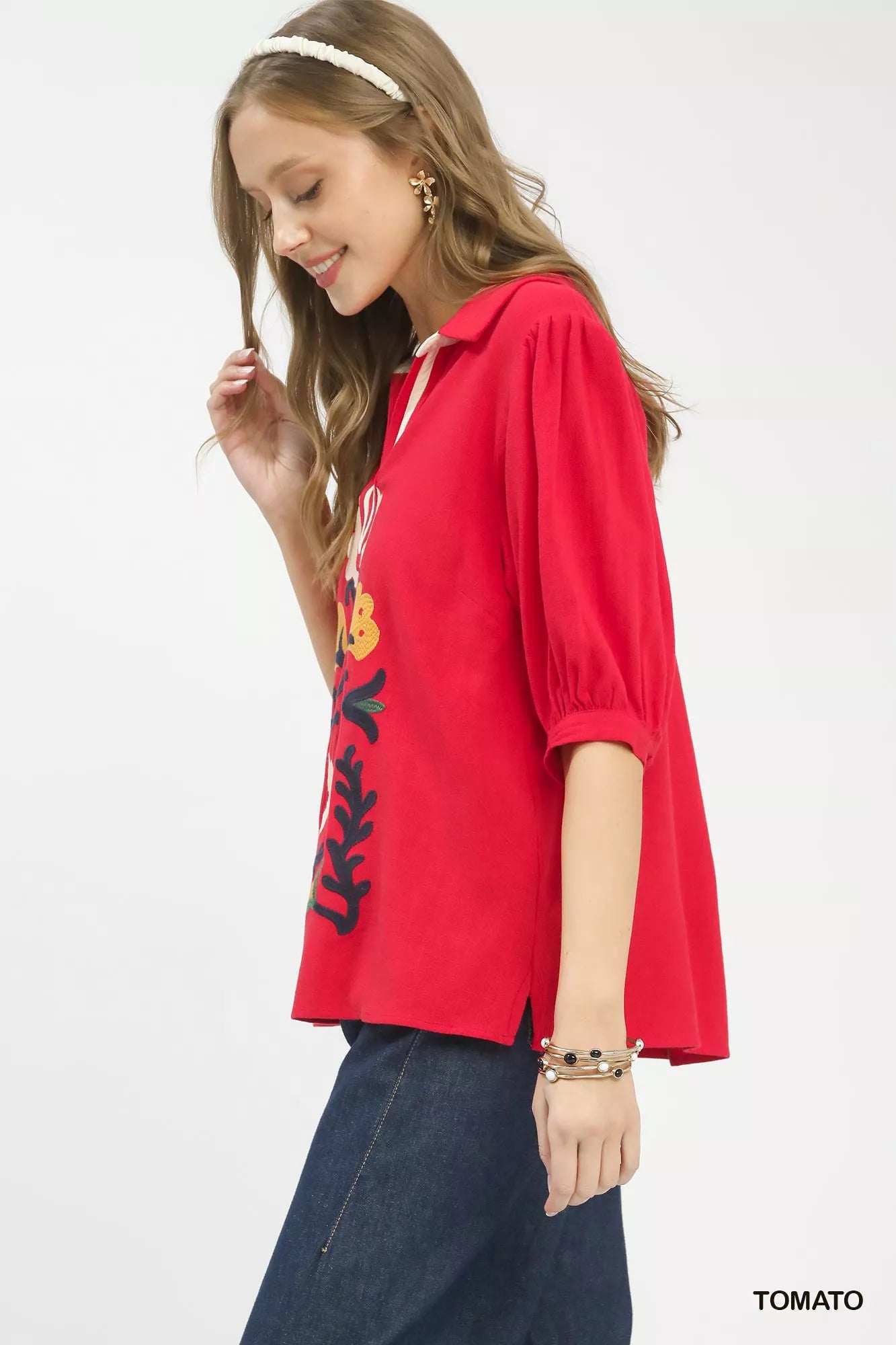 Umgee Mixed Media V-Neck Print Blouse 6d537e80-b1de-446a-b958-cdc642e264ca-Max-Origin