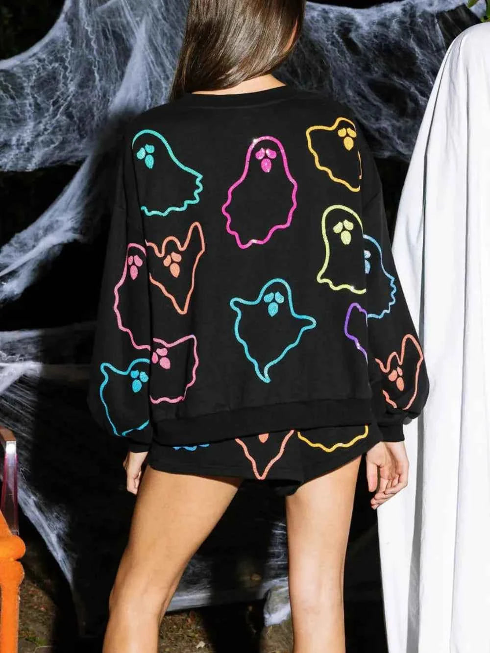Ghost Printed Round Neck Long Sleeve Top and Shorts Set 6d541125-d2f6-41f1-b6c2-bb65d985e5a6-Max