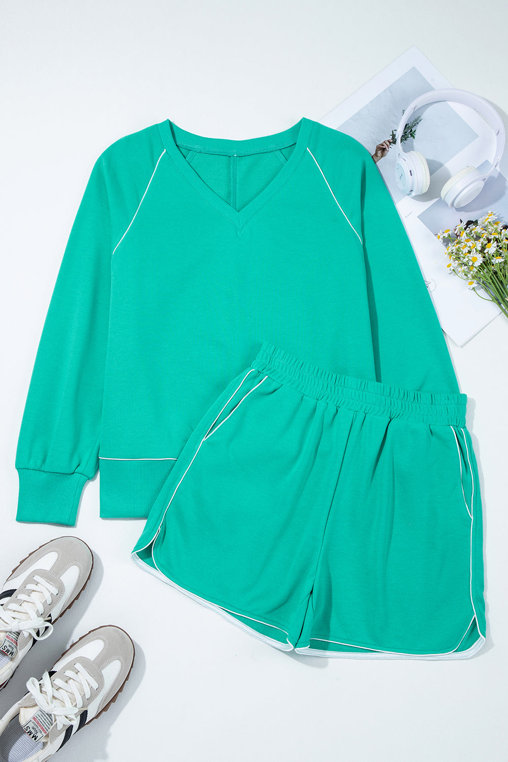 Dark Green V Neck Piping Trim Pullover Top and Shorts Set 6d54d5c2bb57dd73