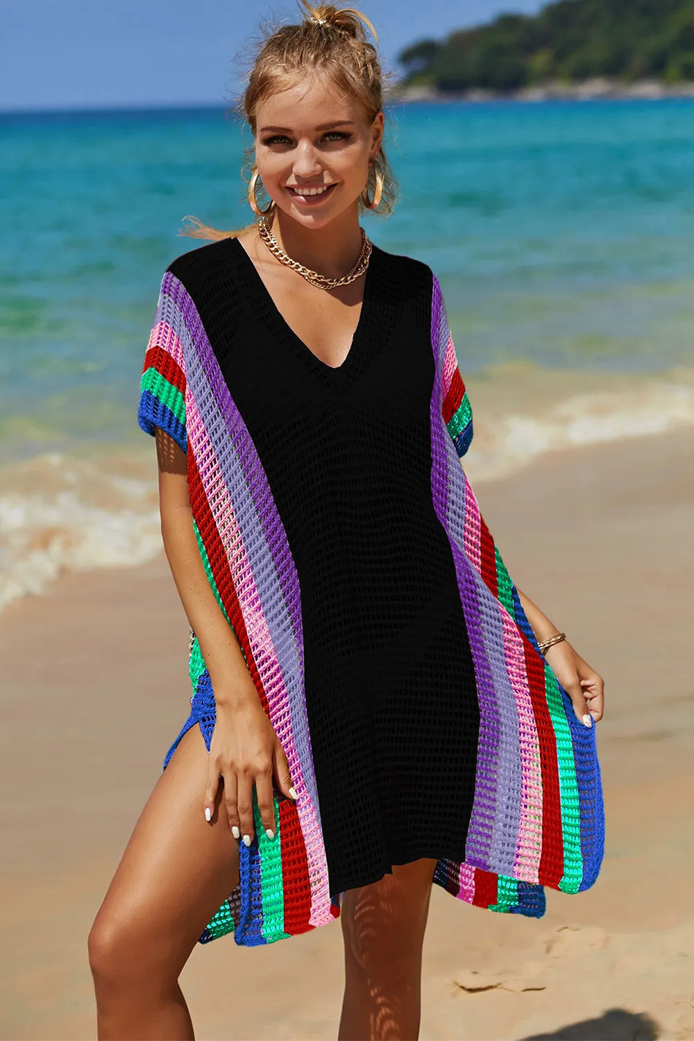 Angel Wings Openwork Striped Slit Knit Cover Up 6d554c2c-050c-4714-b5f7-836e5718d250-Max