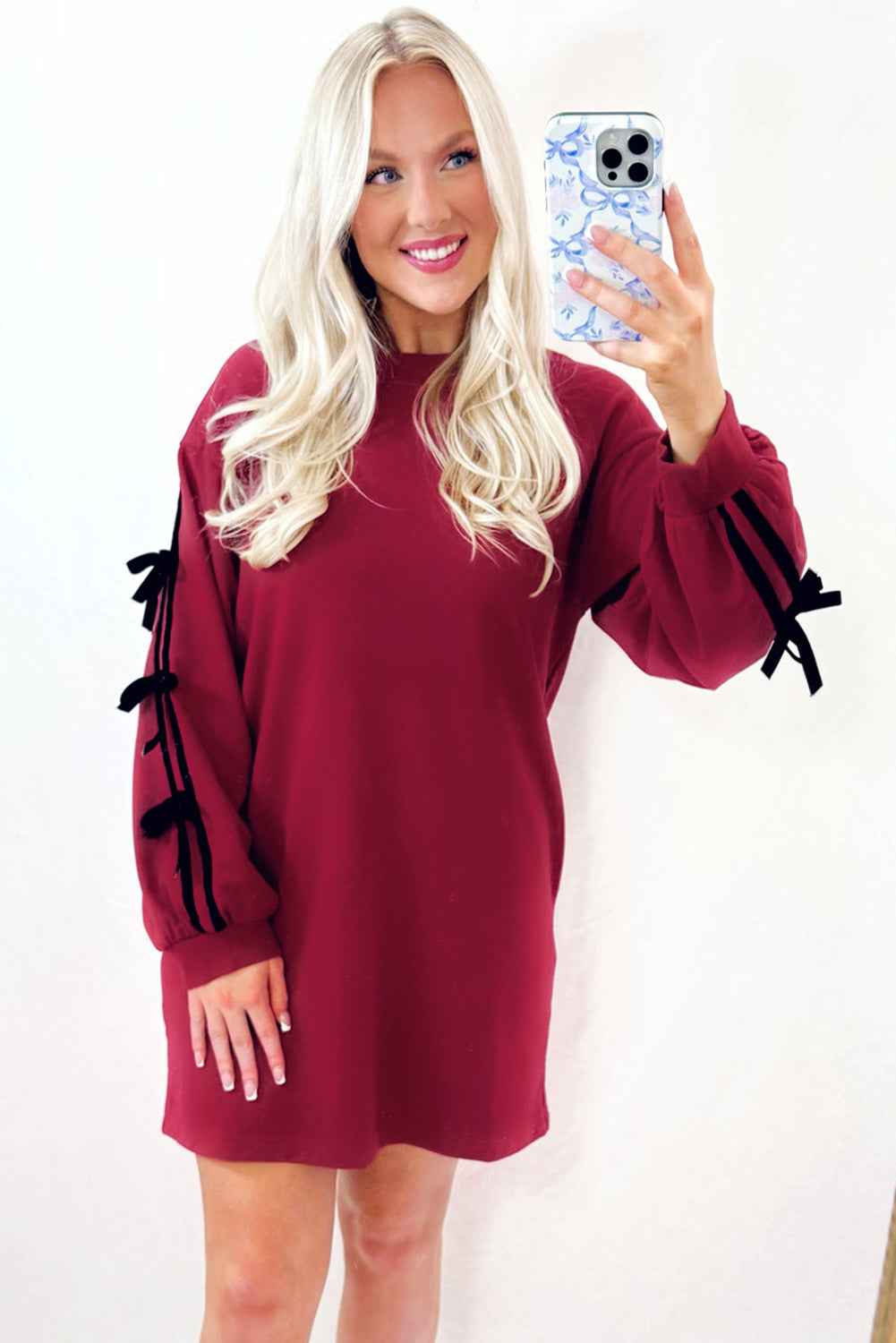Racing Red Contrast Striped Bow Detail Drop Shoulder Sweatshirt Dress with Pockets 6d5a59857537bc97