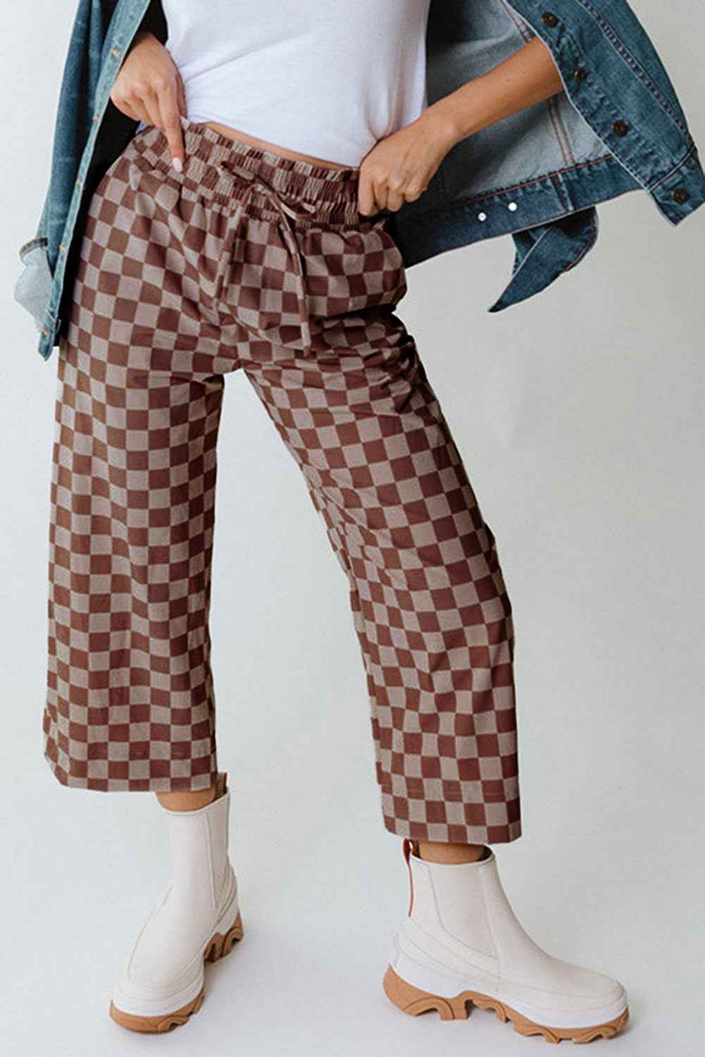 Khaki Tie Elastic Waist Checkered Loose Pants 6d5e1f3797b6df5c