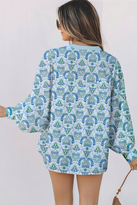 Sky Blue Paisley Button V Neck Long Sleeve Shirt 6d610e593c477867