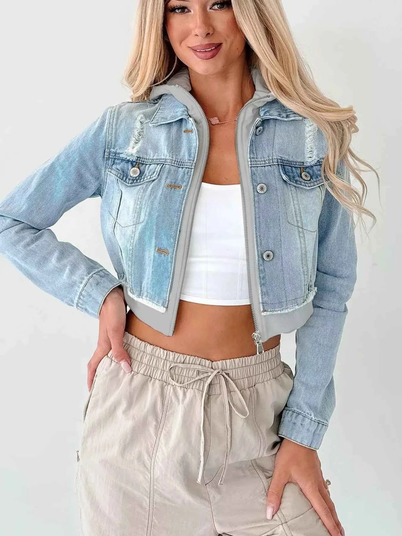 Distressed Zip Up Cropped Hooded Denim Jacket 6d61a9acdb804acc9399f04c4c0f85fd-Max-Origin