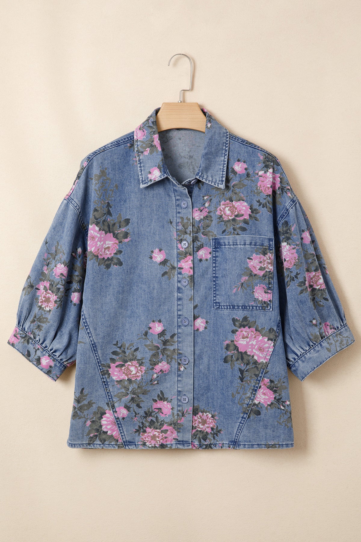 Blue Bracelet Sleeve Floral Denim Shirt 6d63c6a9a9f5b9fb