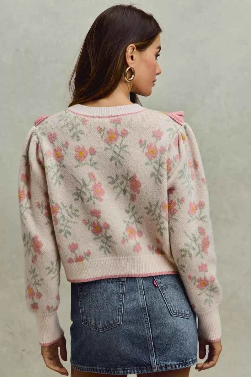 SO ME Flower With Ruffle Detailing Sweater Cardigan 6d650c7a0e6f49aabef1367bfc5df022-Max-Origin