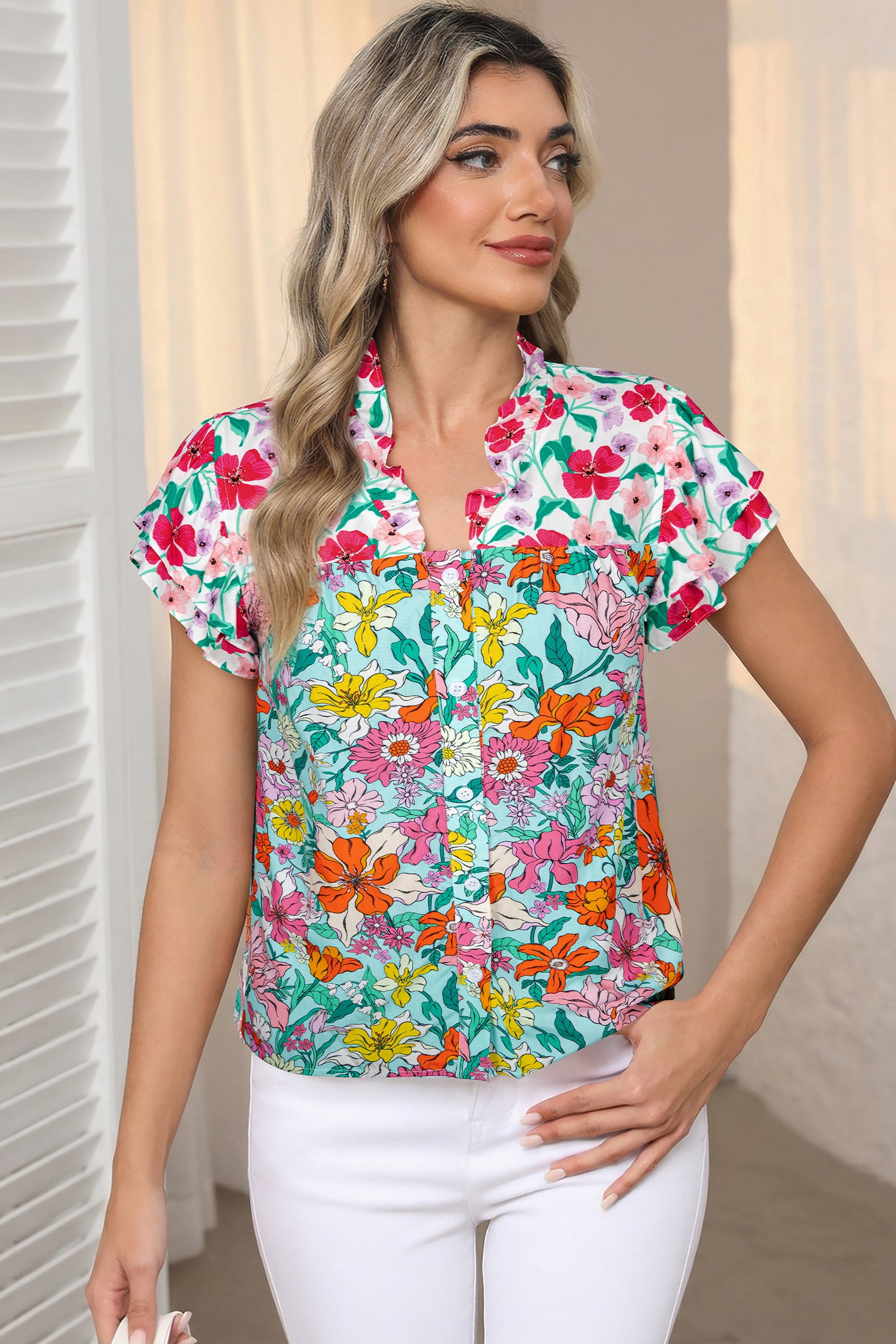 Sky Blue Floral Print Split Neck Button Front Flutter Sleeve Blouse 6d673fe3fa1fa6db