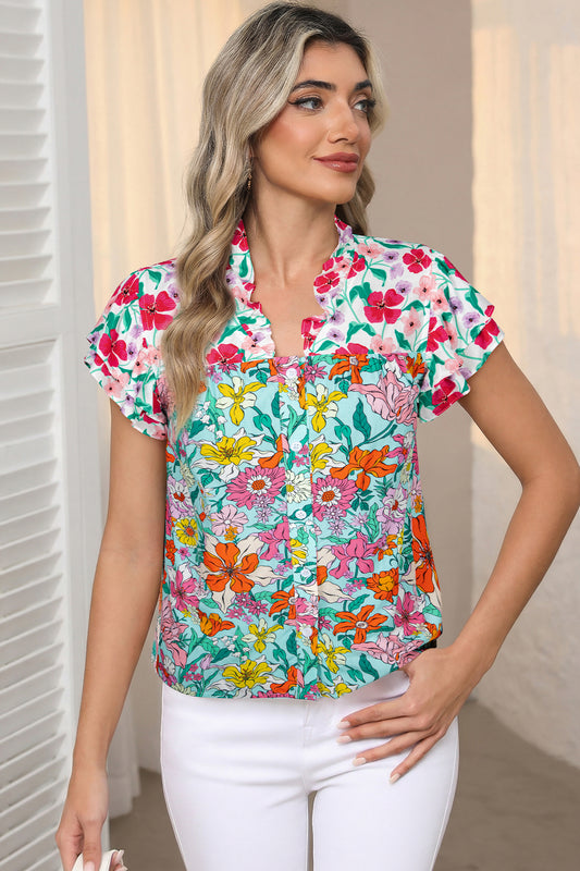 Sky Blue Floral Print Split Neck Button Front Flutter Sleeve Blouse 6d673fe3fa1fa6db